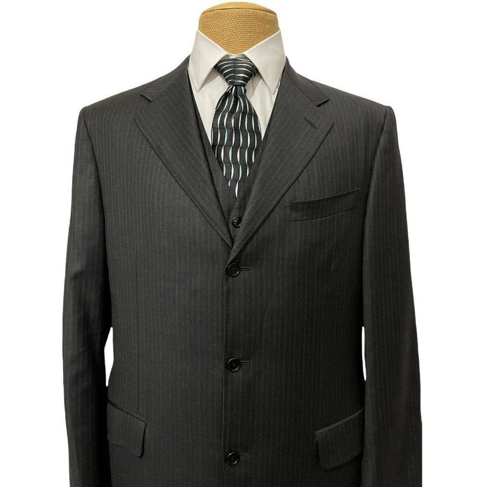 CANALI Men's Two Piece Sports‎ Coat Vest Charcoal Gray Orange Striped Size 44 L